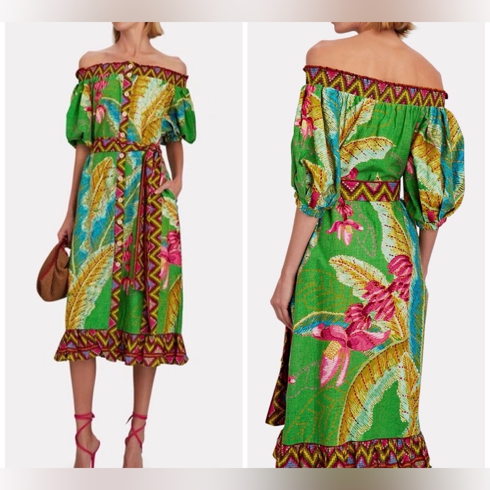 Farm Rio Banana Leaves Off-the-Shoulder Midi Dress, Size Small - Picture 3 of 14